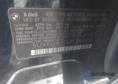 2008 BMW X6 xDrive50I z USA, uszkodzony, nr VIN 5UXFG83548LZ91756